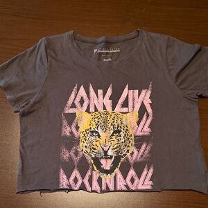 Prince Peter Collection Black Crop Tee with Pink Script & Yellow Leopard